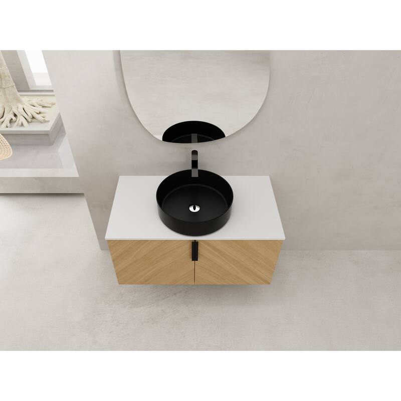 36" Wall-Mounted Bathroom Vanity With Ceramic Art Sink, and Storage Shelves, Soft-Close Door, KD-Packing, Plywood