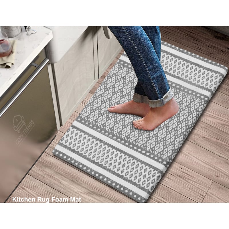 Woven Cotton Anti Fatigue Cushioned Kitchen | Doormat | Bathroom 18" x 30" Mats With Foam Backing Anti Slip - 18''x30'' -  Doormat | Bathroom  18" x 30"  Mats With Foam Backing Anti Slip - 18''x30''|Grey White