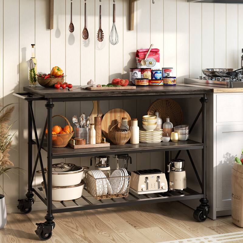 Rolling Kitchen Island Cart with Thick Wooden Top and Storage Shelves - N/A - Grey Oak