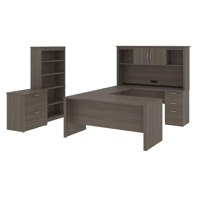 Bestar Logan 66W U-Shaped Desk with Hutch, Cabinet, and Bookcase - Bark Grey