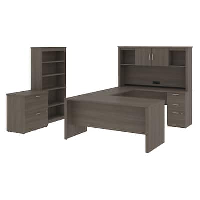 Bestar Logan 66W U-Shaped Desk with Hutch, Cabinet, and Bookcase