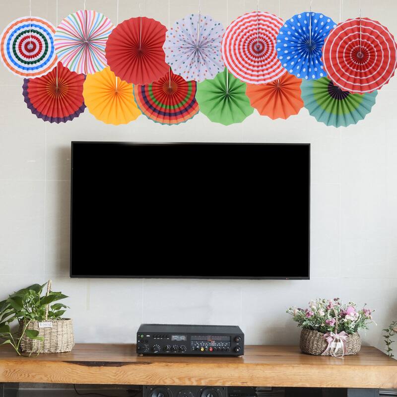 1 Set/6Pcs Paper Fans Hanging Decoration Round 8"/12"/16", Red Blue - Red Blue