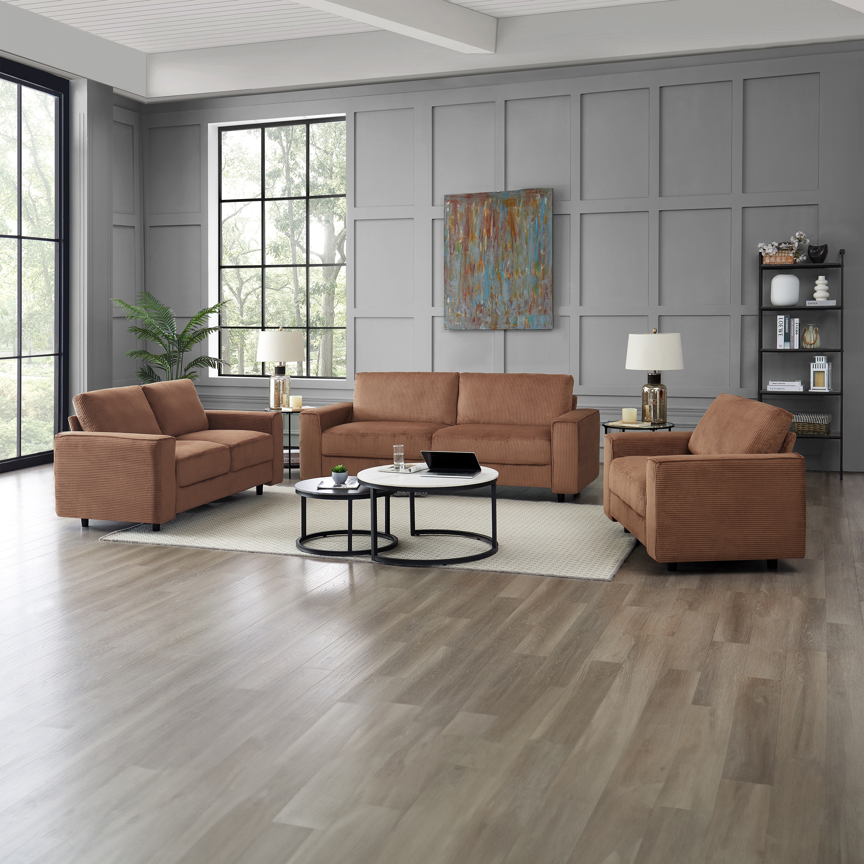 Modern Contemporary Upholstered 3-Piece Corduroy Plush Tufted Sofa Set