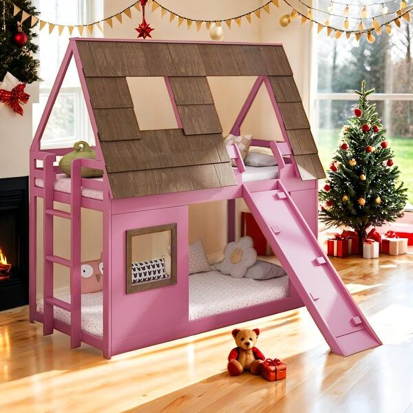 slide 2 of 11, Kid Bed Frame Twin Size Wood House Bunk Bed with Ladder and Climbing Ramp Brown+Pink