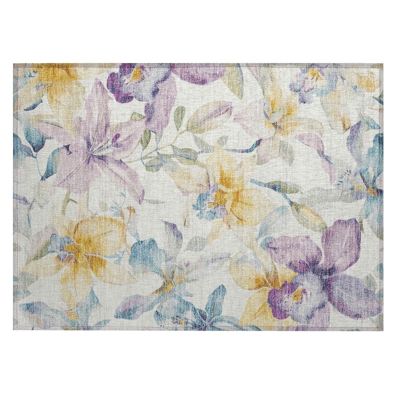 Machine Washable Indoor/ Outdoor Modern Floral Chantille Rug