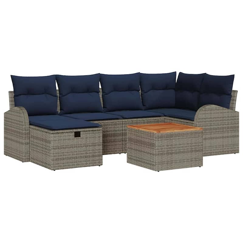 vidaXL 7 Garden Sofa Set with Cushions Black/Grey Poly Rattan - 92.1 x 48.8 x 27.2