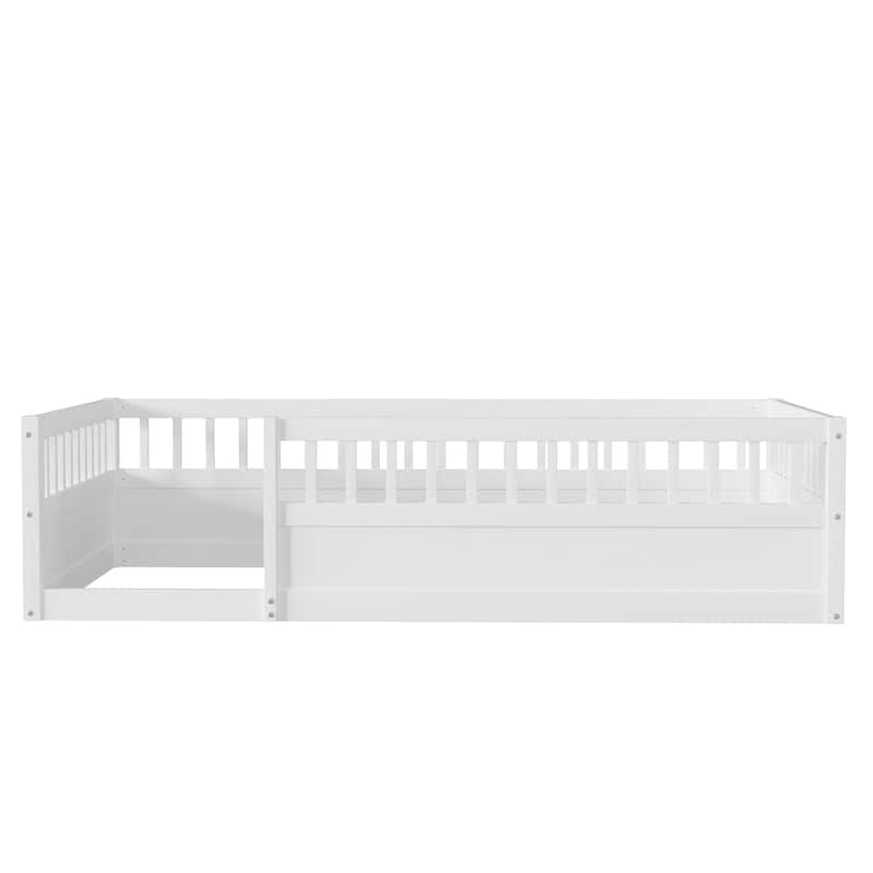 Kids Floor Bed Frame Toddler Montessori Low-Profile Floor Bed with Solid Wood Baffle Fence, No Slats No Door for Children's Room