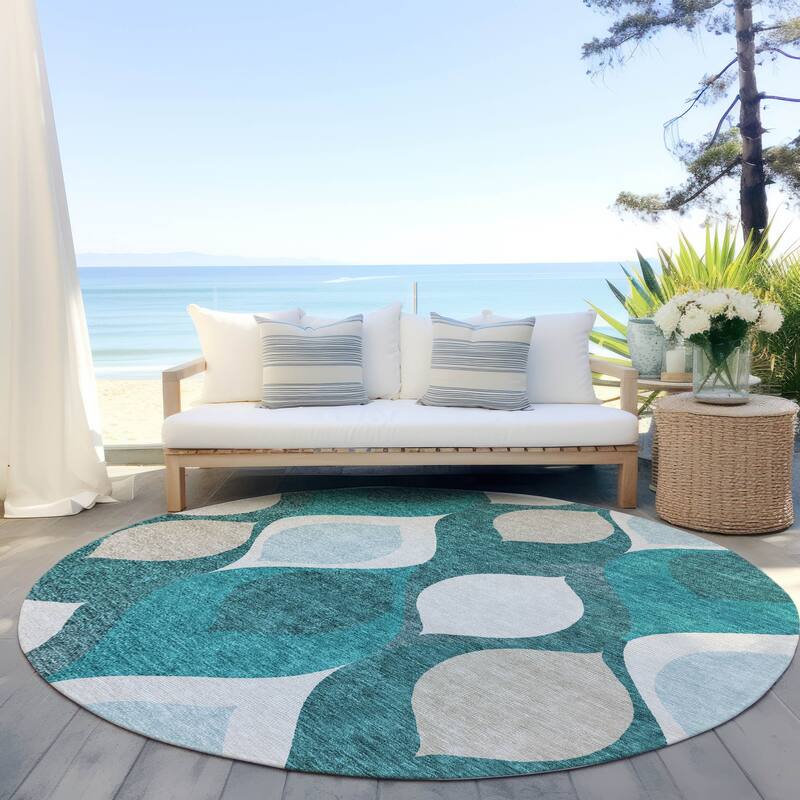 Machine Washable Indoor/ Outdoor Chantille Geo Contemporary Rug - Teal - 8' x 8'