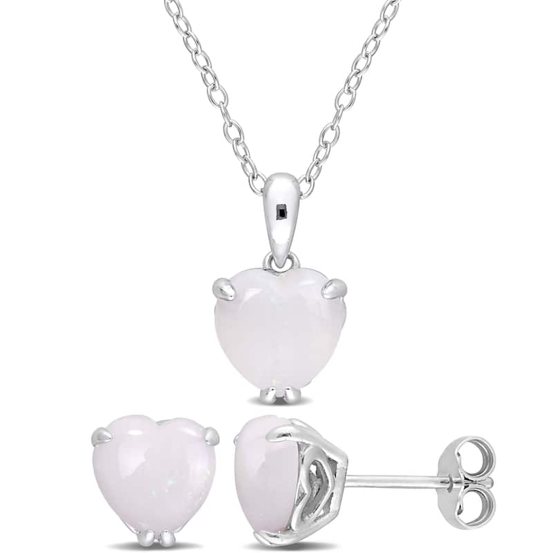 Miadora 3 5/8ct TGW Heart-Shape Opal 2-Piece Set of Necklace and Earrings Sterling Silver