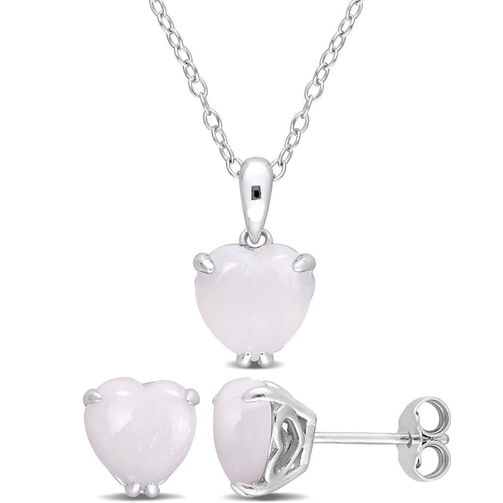 Miadora 3 5/8ct TGW Heart-Shape Opal 2-Piece Set of Necklace and Earrings Sterling Silver
