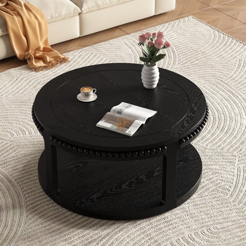 Round Solid Wood Coffee Table, Two-Tier Design with Sturdy Construction for Living Room Elegance