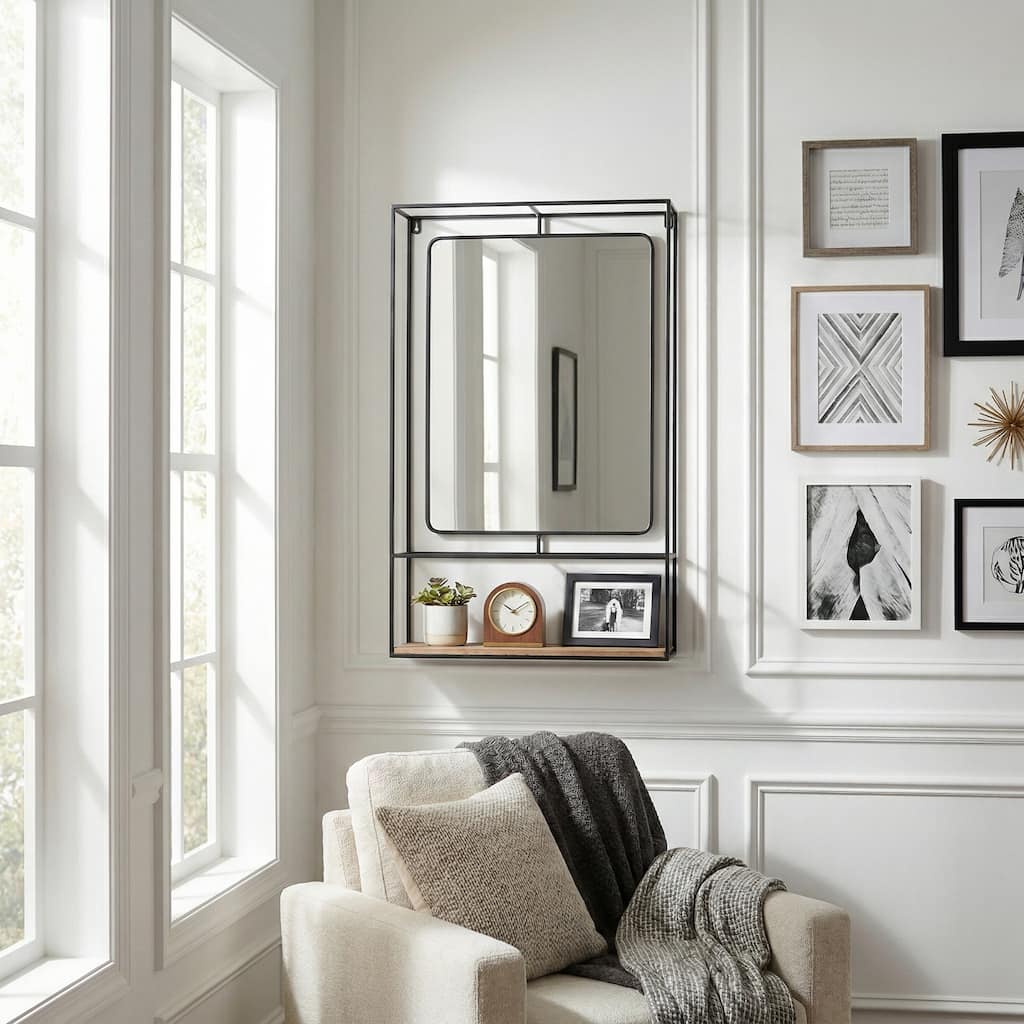 Metal and Wood Wall Mount Shelf with Mirror - Brown, 36" - 36.0"