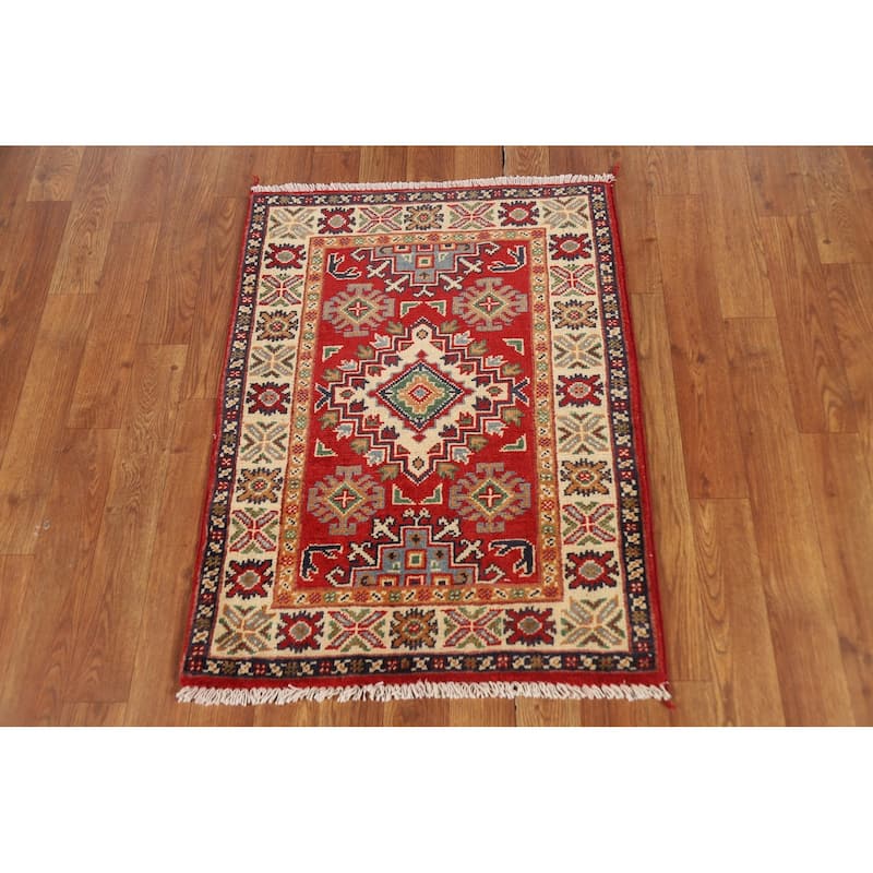 Red Geometric Kazak Accent Rug Handmade Traditional Wool Carpet - 2'0" x 3'0"