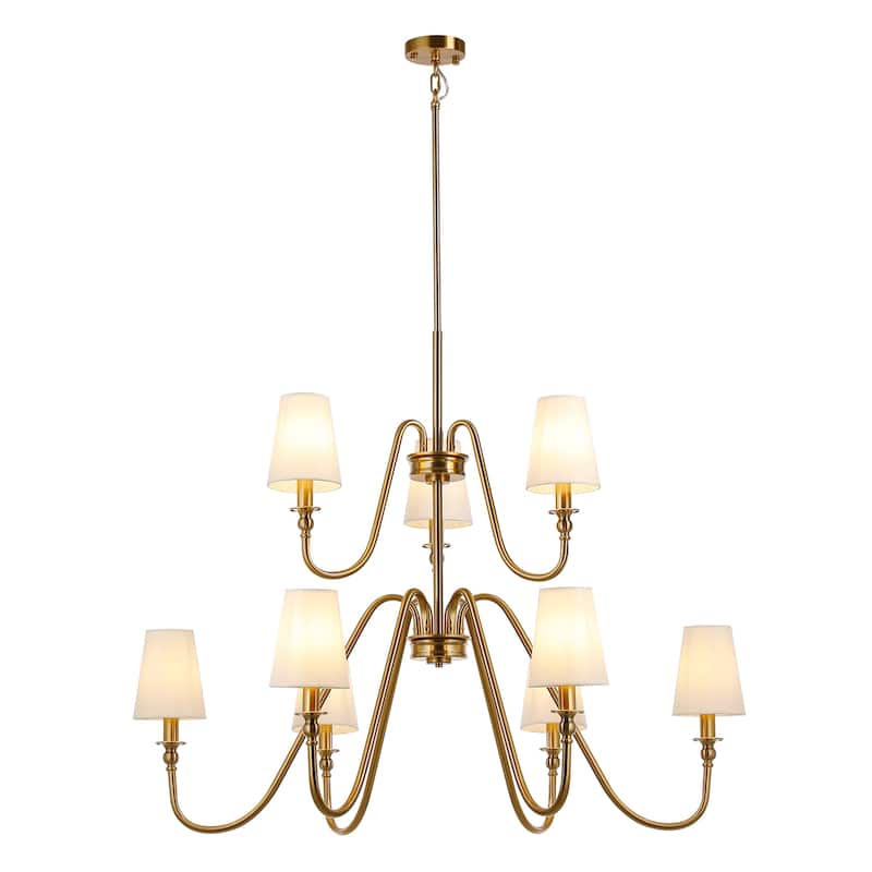 9-light 43" Wide Classic Candle Design Beige Fabric Shaded Chandelier with 2-Tier