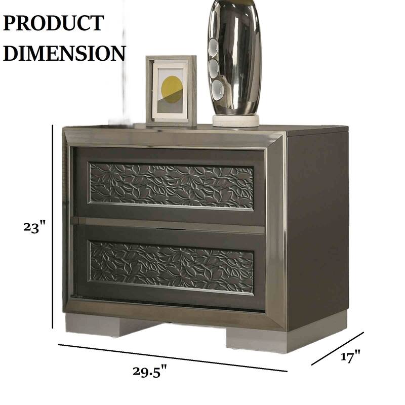 Contemporary Nightstand - Dark Gray Finish with Leaf Pattern Molding & Bracketed Feet