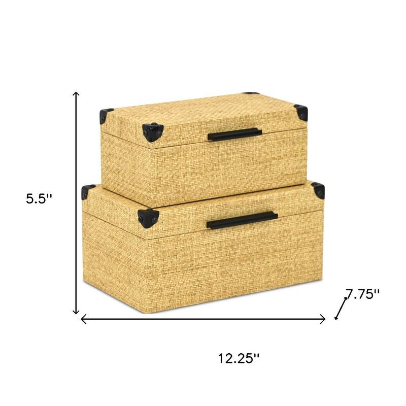 HomeRoots Set of Two Natural And Black Faux Rattan Nesting Storage Boxes With Lids