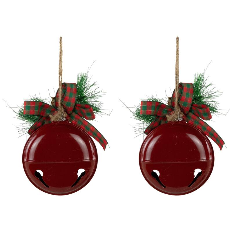 Jingle Bells with Pinecone Bows Disc Christmas Ornaments - 5" - Red - Set of 2