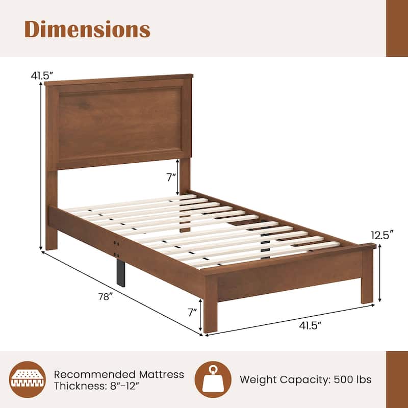 Walnut Rubber Wood Twin Size Platform Bed Frame with Slats Support and Headboard Underbed Storage Space