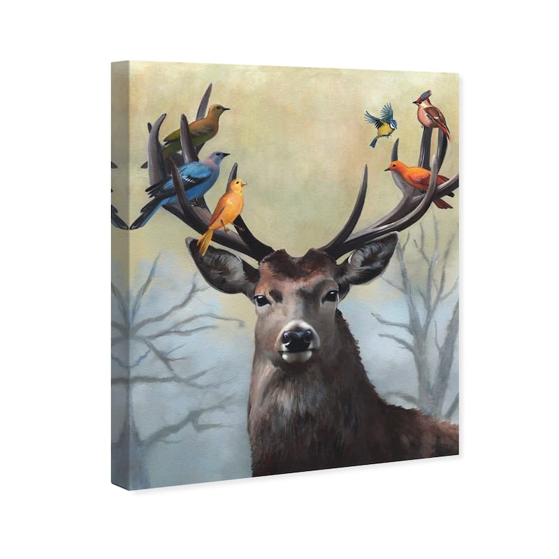 Wynwood Studio Canvas Animals Cute deer with birds Brown and Traditional Wall Art Canvas Print - Brown, Blue