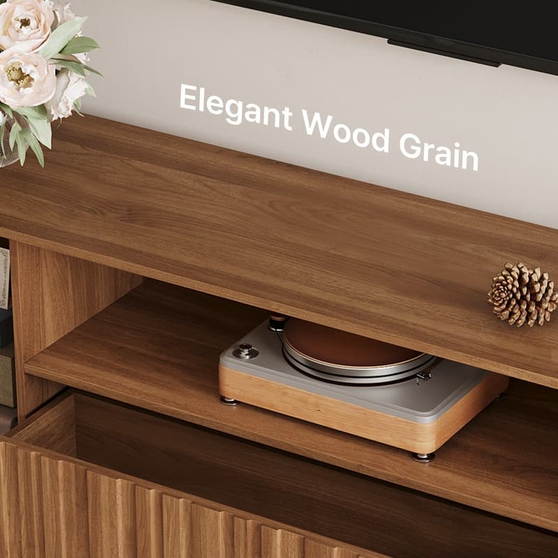 71" Mid-Century Modern Brown Wood Living Room TV Stand with Storage Cabinets & Open Shelves