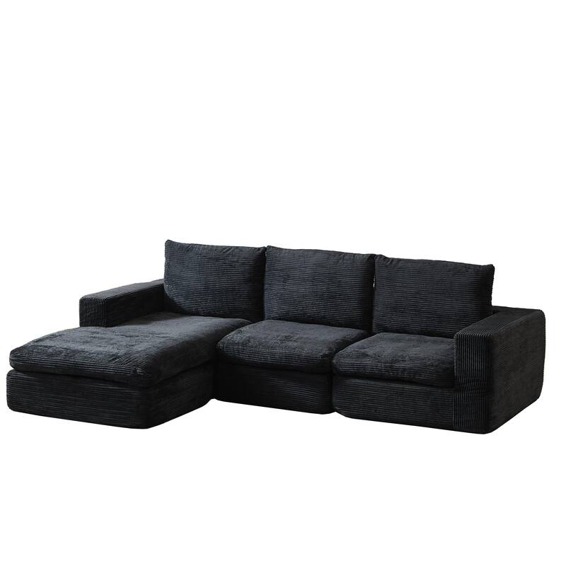 L-Shaped Sectional Sofa with Chaise Lounge, Corduroy Upholstered Boneless Couch, Module Corner Sofa with 3 Pillows