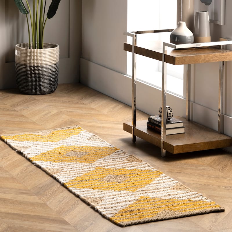 Nuloom Hand Braided Marla Denim And Jute Diamonds Area Rug - 2' x 6' Runner - Yellow - Runner