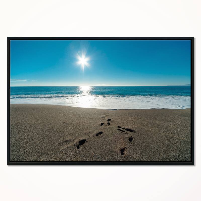 Designart "Blue Sea and Footprints in Sand" Large Seascape Art Framed Canvas Print Bed Bath