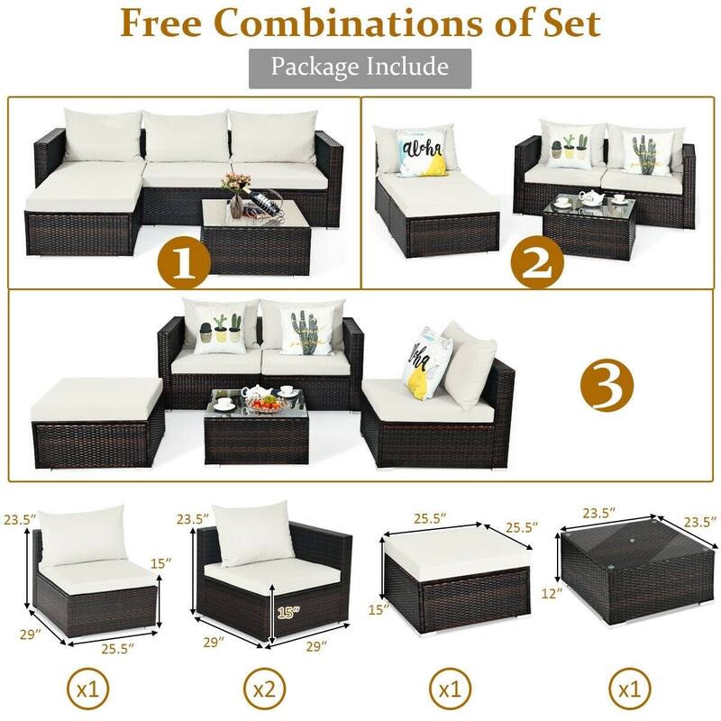 5Pcs Patio Rattan Furniture Set with Coffee Table - 29" x 29" x 23.5" (L x W x H)