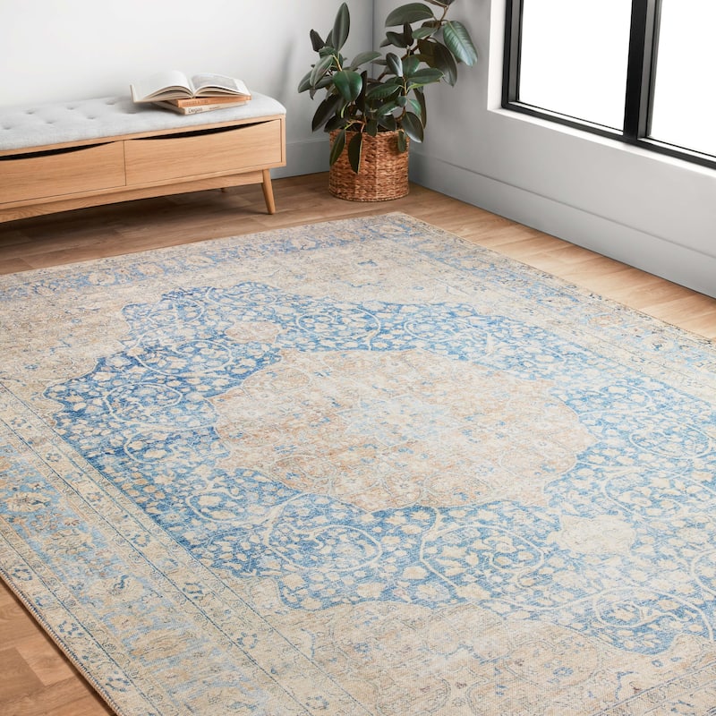 Alexander Home Victoria Shabby Chic Printed Vintage Area Rug - 2' 3" x 3' 9" - blue / tangerine - Runner/Rectangle