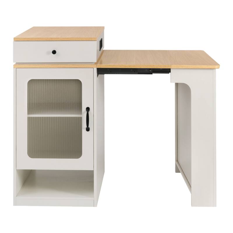 Kitchen Island with Extendable Dining Table, Kitchen Storage Table with 2 Drawers, Power Outlet, Open Shelves, for Diningroom