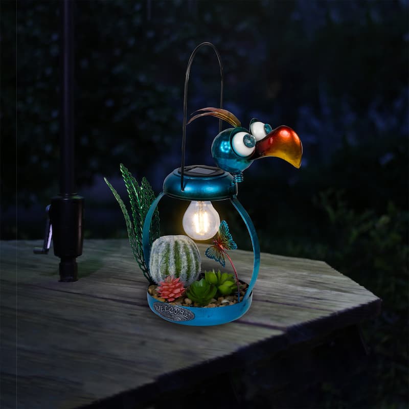 Solar Metal Silly Blue Bird with Garden and LED Decor