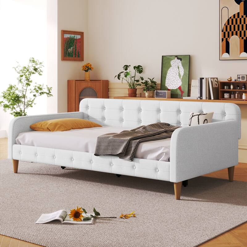 Twin/Full Size Linen Upholstered Daybed with 4 Support Legs - White - Twin