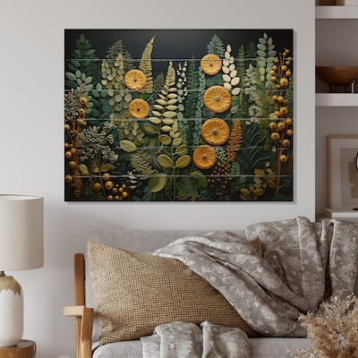 Designart "Yellow Ferns Plant Forest Tapestry" Floral Print on Natural Pine Wood