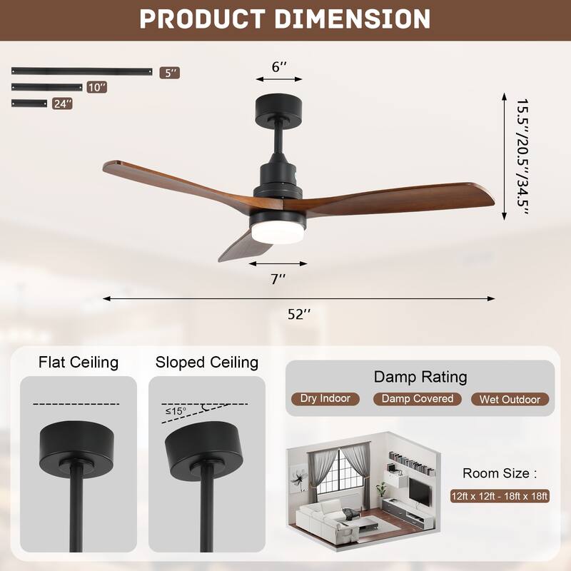 Sofucor 52 Inch Ceiling Fan with Light and Remote,Smart Optional,Quiet DC Motor for Bedroom Living Room Farmhouse Patio Porch