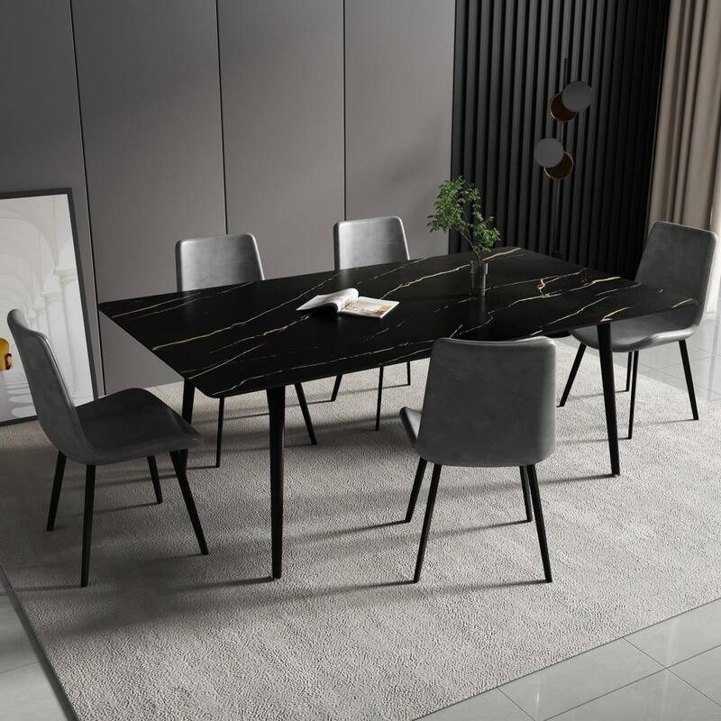 70.8 inch rectangular white kitchen dining table, with a sintered stone marble tabletop, metal legs