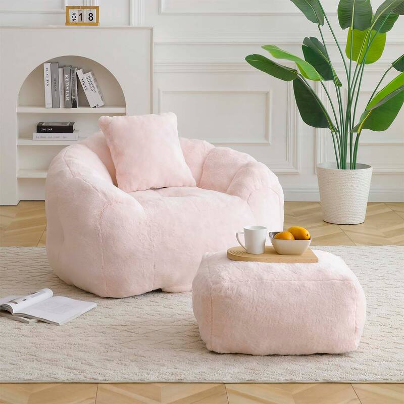 Bean Bag Chair with Footstool,Oversized Shell-Shaped Comfort Sofa - Pink