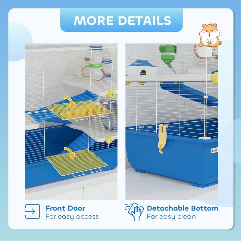 Blue Metal Hamster Cage with Tubes, Wheel, Ramps and Accessories - 30.7" L x 17.7" W x 28.7" H