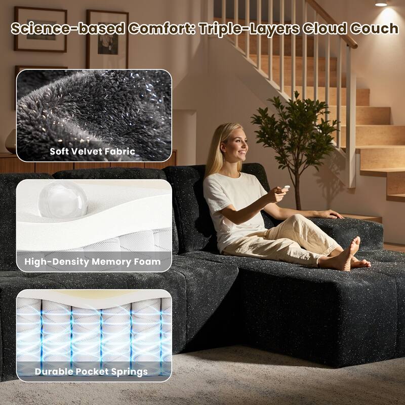 HOOOWOOO Modern Sparkly Velvet Fabric Chaise Sofa Couch with Ottoman