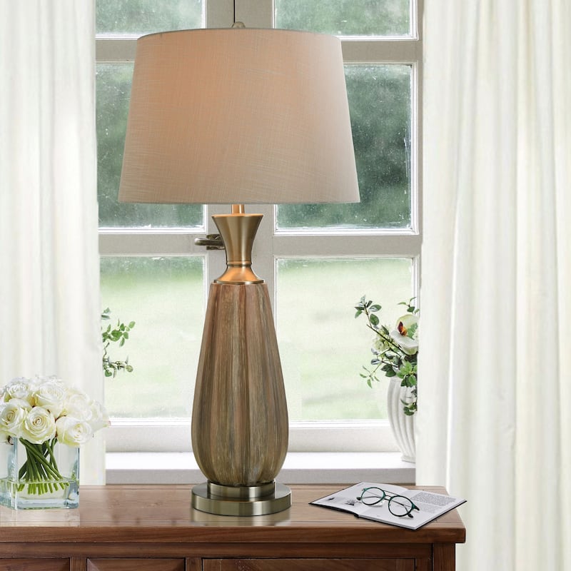 Roanoke Brown Table Lamp - Polyresin with Faux Wood Brush Finish - Cream Shade