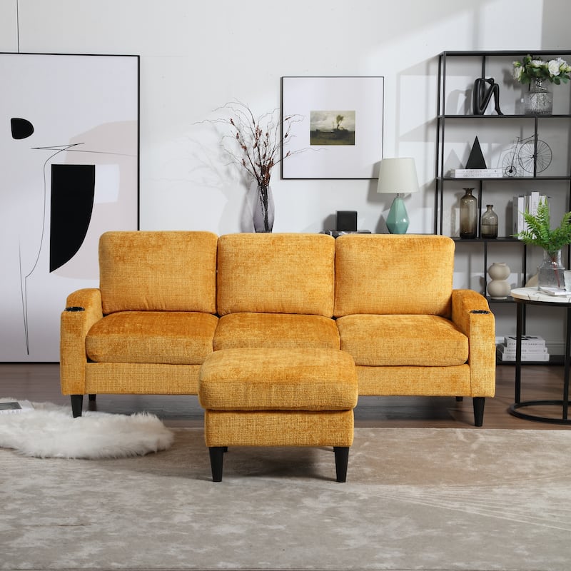 Modular Sectional Sofa with Storage Ottoman, Comfy Chenille Fabric Sofa, 3-Seater Sofa with Side Pockets & 2 Cup Holders