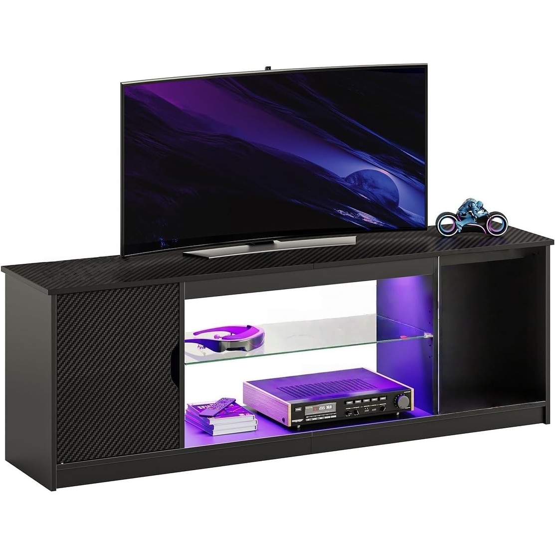 LED Gaming TV Stand with Adjustable Shelf, 57" Console for 55/65 Inch TV - Black Carbon Fiber