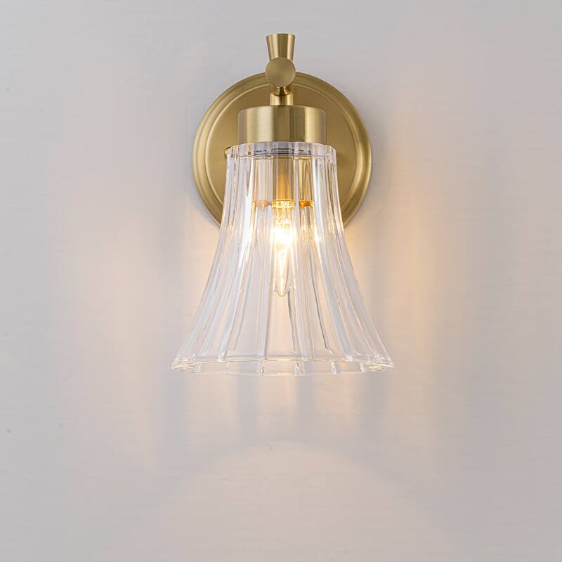 Gold Metal Wall Sconce Ribbed Trumpet Glass Shade for Bathroom Vanity