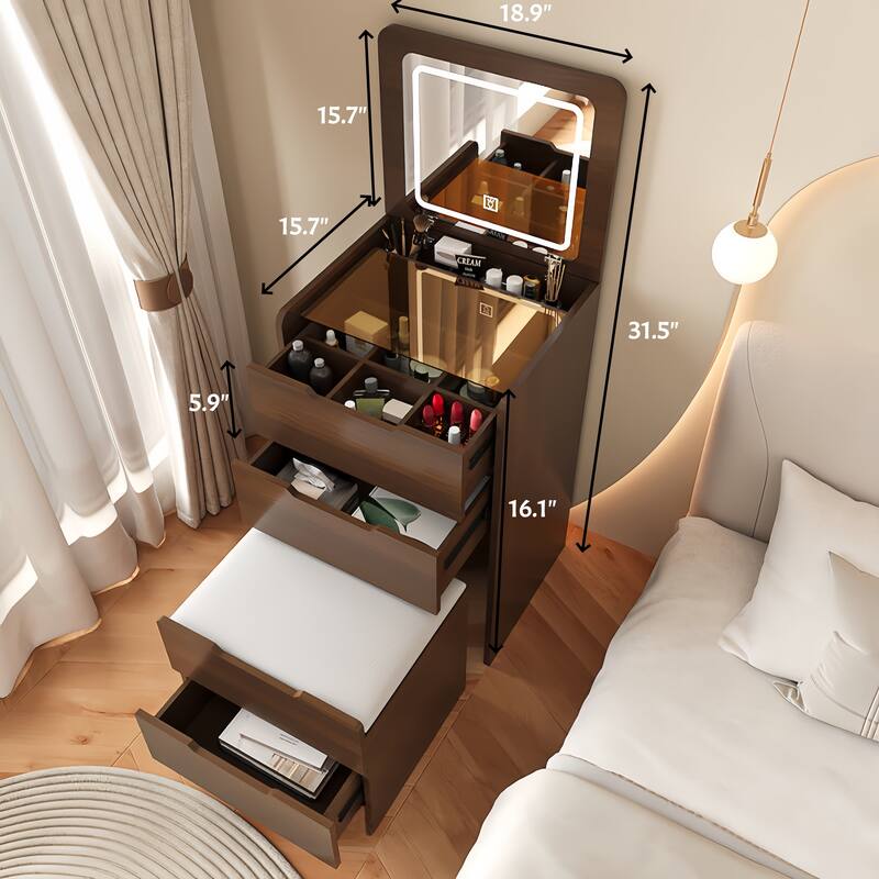 3 in 1 Vanity Desk with Plip Top Mirror,Small Make Up Vanity Set with Visible Glass Desktop, Compact Dressing Table