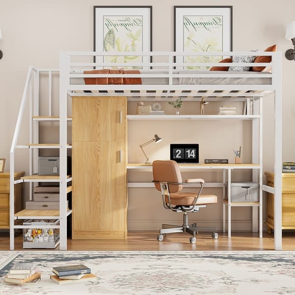 slide 2 of 24, Twin Size Bed Frame Metal Loft Bed with Desk, Shelf, Built-in Wardrobe and Storage Staircase for Children, Boys and Girls White - Twin