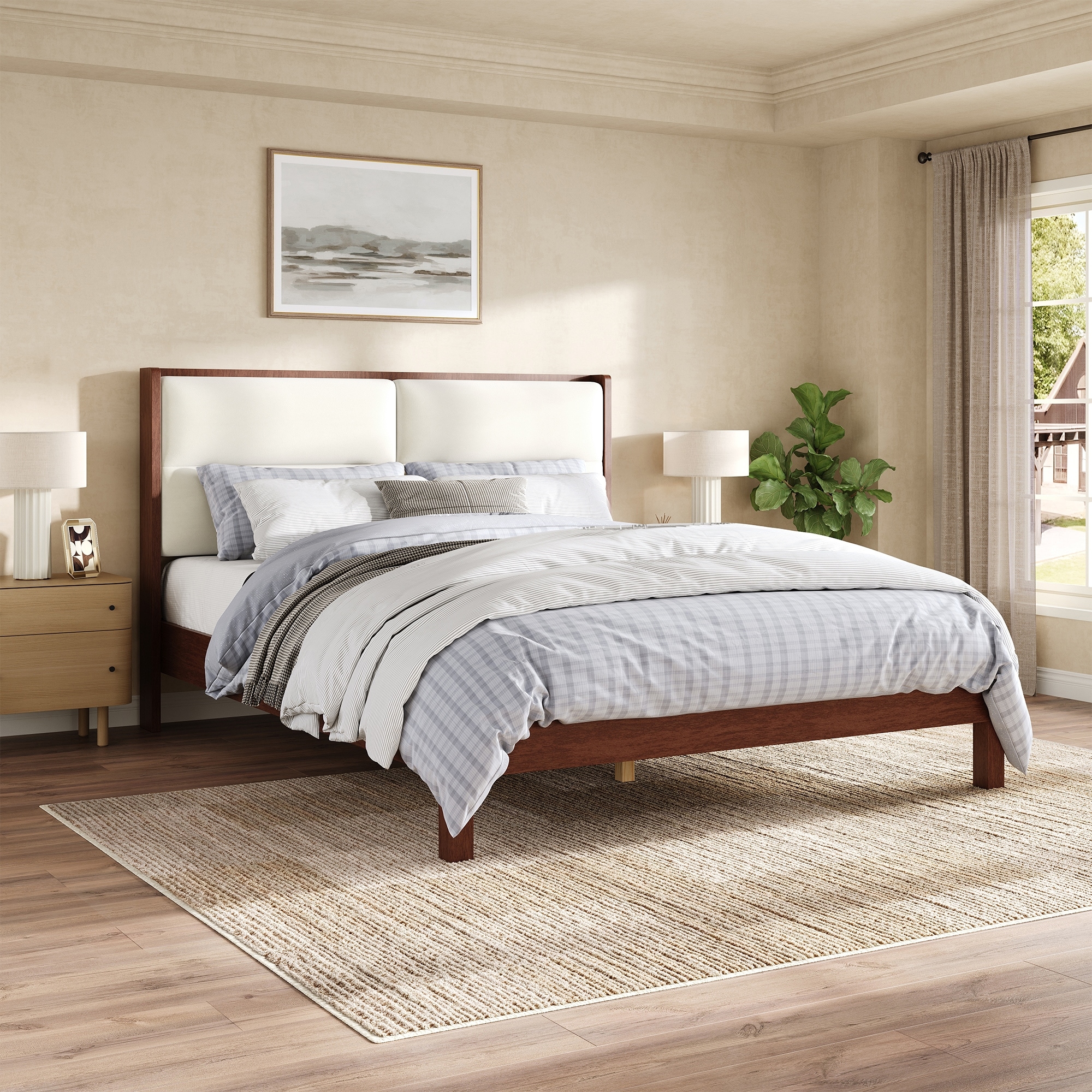 Solid Wood Queen Size Platform Bed Frame with Velvet Upholstered Headboard,No Box Spring Needed