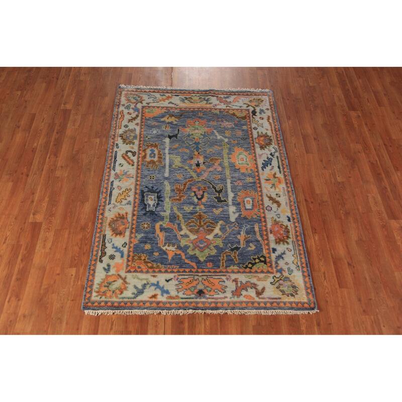 Blue Oushak Oriental Rug Hand-Knotted Transitional Wool Carpet - 4'1"x 5'10"