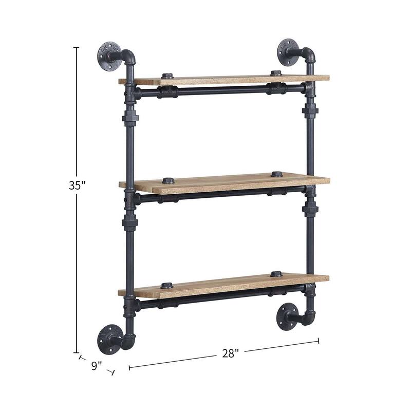 Floating Wood Wall Shelf with Metal Tube in Oak and Sandy Black