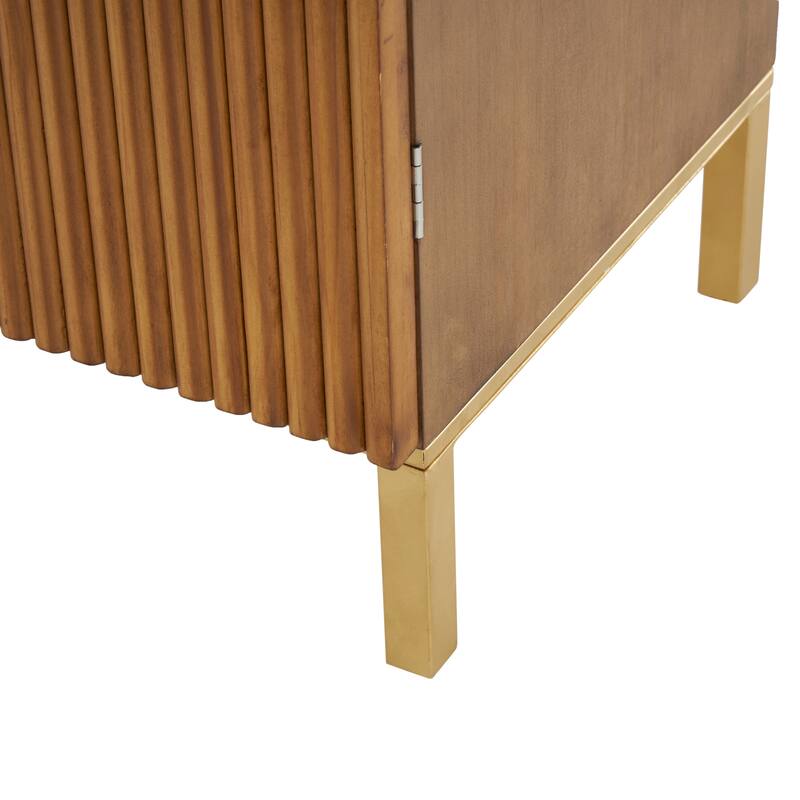Brown Wood Carved Square Geometric Cabinet with Gold Accents