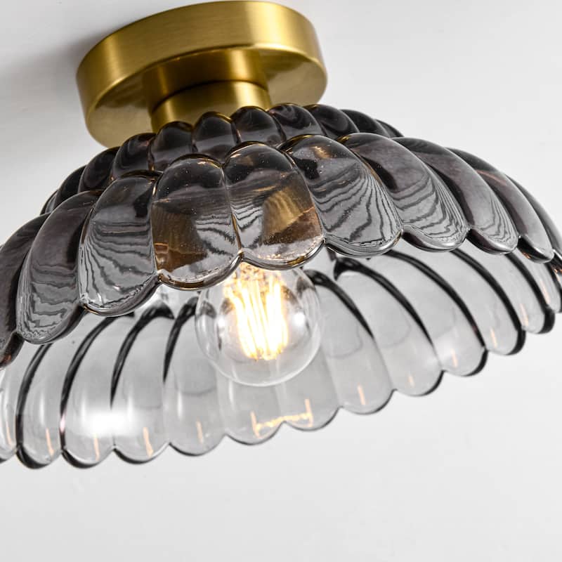 1-Light Vintage Brass Finish Metal Semi-Flush Mount Ceiling Light with Amber/Green/Grey/Clear Glass Shade for Kitchen