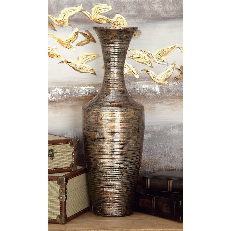 Dark Brown Bamboo Wood Tall Floor Decorative Vase with Lacquer